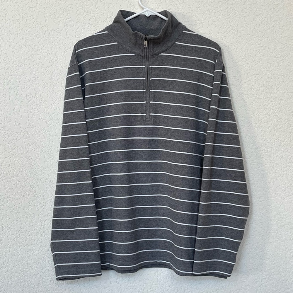 J Crew Factory quarter zip men’s gray with white striped pullover sweatshirt